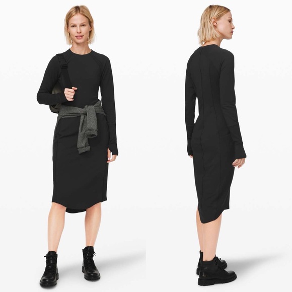 Lululemon Om and On Dress Black L Long Sleeve Midi Sheath Thumbholes Pockets - Picture 2 of 16